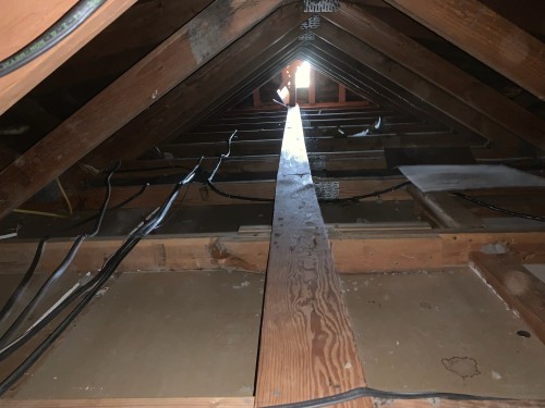 A view of the inside of an attic.