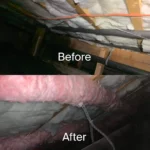 A before and after picture of the insulation in the attic.
