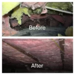 A before and after picture of the ceiling in a house.