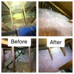 A before and after picture of the floor in an attic.