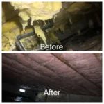 A before and after picture of the ceiling in a basement.