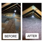 A before and after picture of the attic floor.