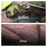 A before and after picture of the ceiling in a house.