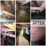 A collage of photos showing the before and after of an attic.